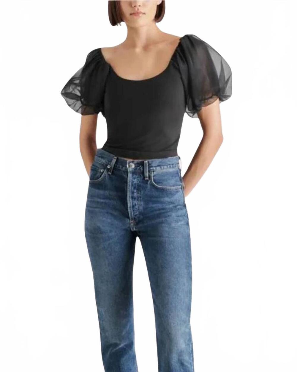 NEW STEVE MADDEN pamela short puff sleeve top in black